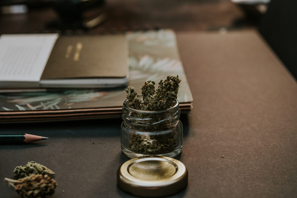 jar with cannabis plant on deskd